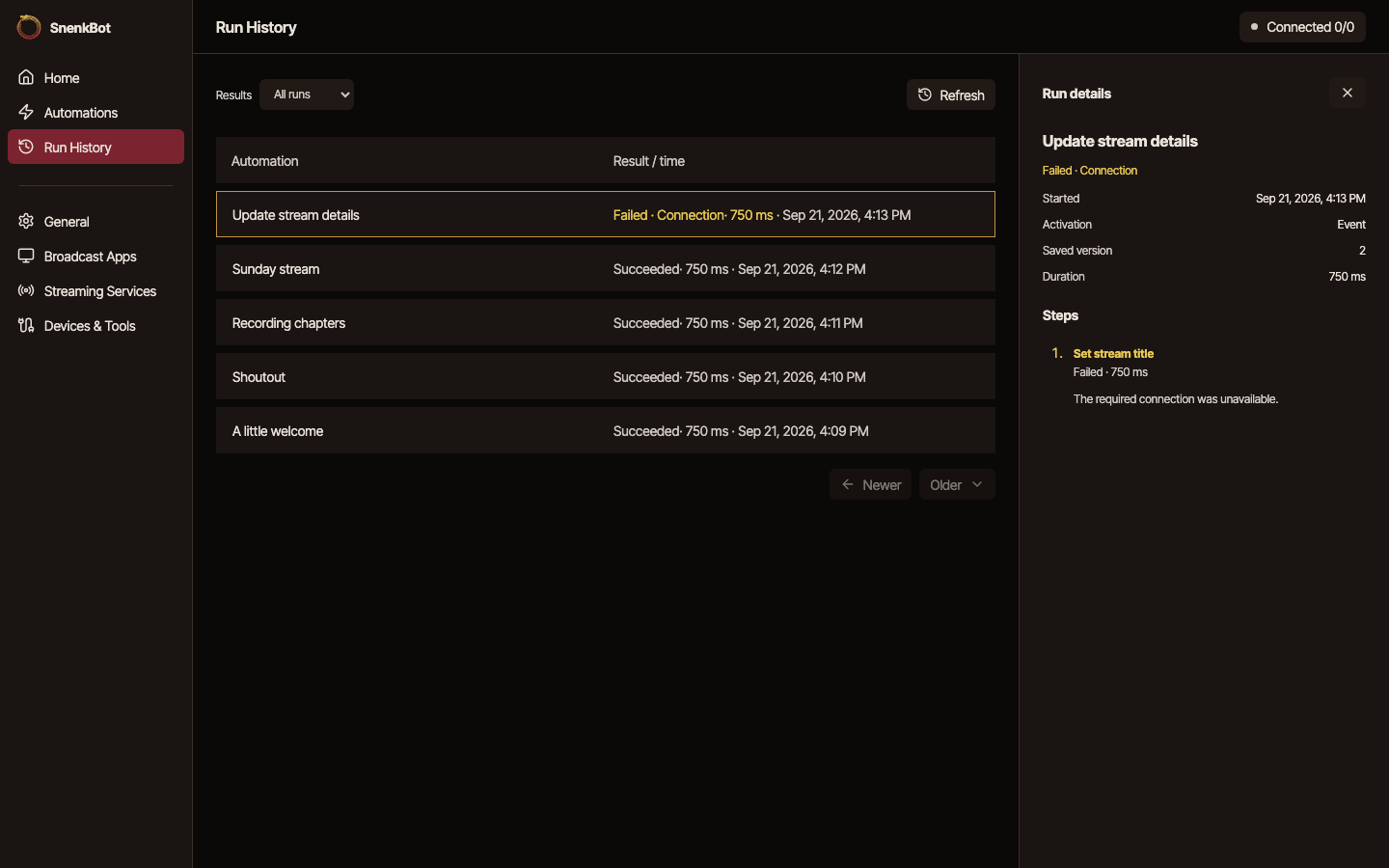 SnenkBot Run History showing example results and the action responsible for a failed connection