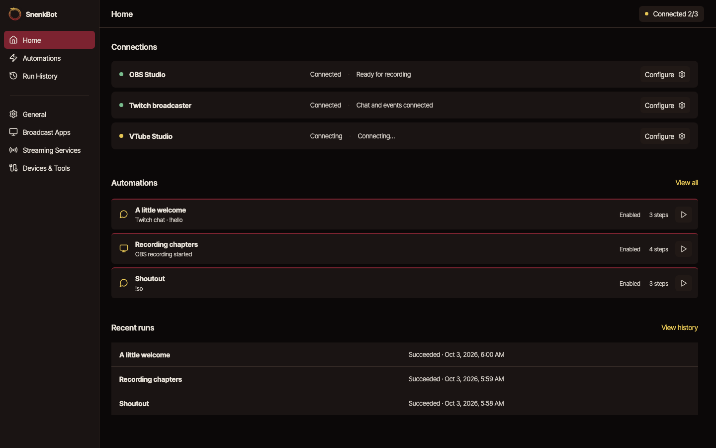 SnenkBot Home showing connection states, example automations, and recent successful runs